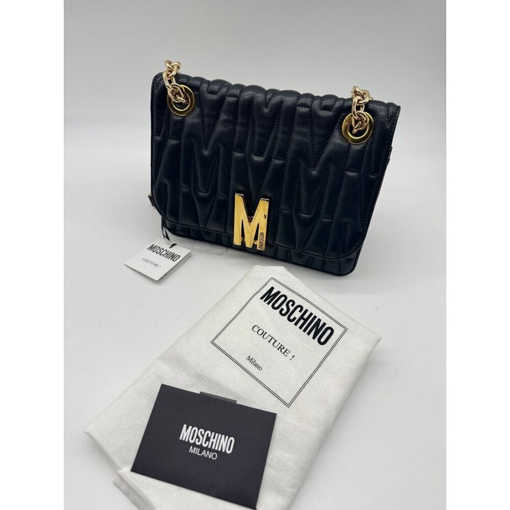 MOSCHINO monogram logo quilted leather convertible shoulder bag + Dust bag BLACK - Picture 12 of 16